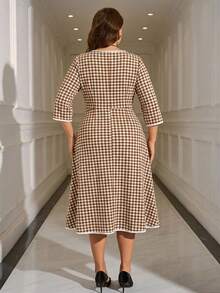 EMERY ROSE Plus Size Women's Summer White Autumn 1920s Everyday Plaid Print Contrast Trim Elegant Commuter Dress,Vacation Outfits,Spring Break,Modest Sun Dresses - Apricot - View 4