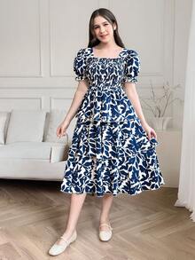 SHEIN Teen Girl Floral Print Layered Petal Sleeve Square Neck Casual Vacation Dress, Summer - Blue - View 7