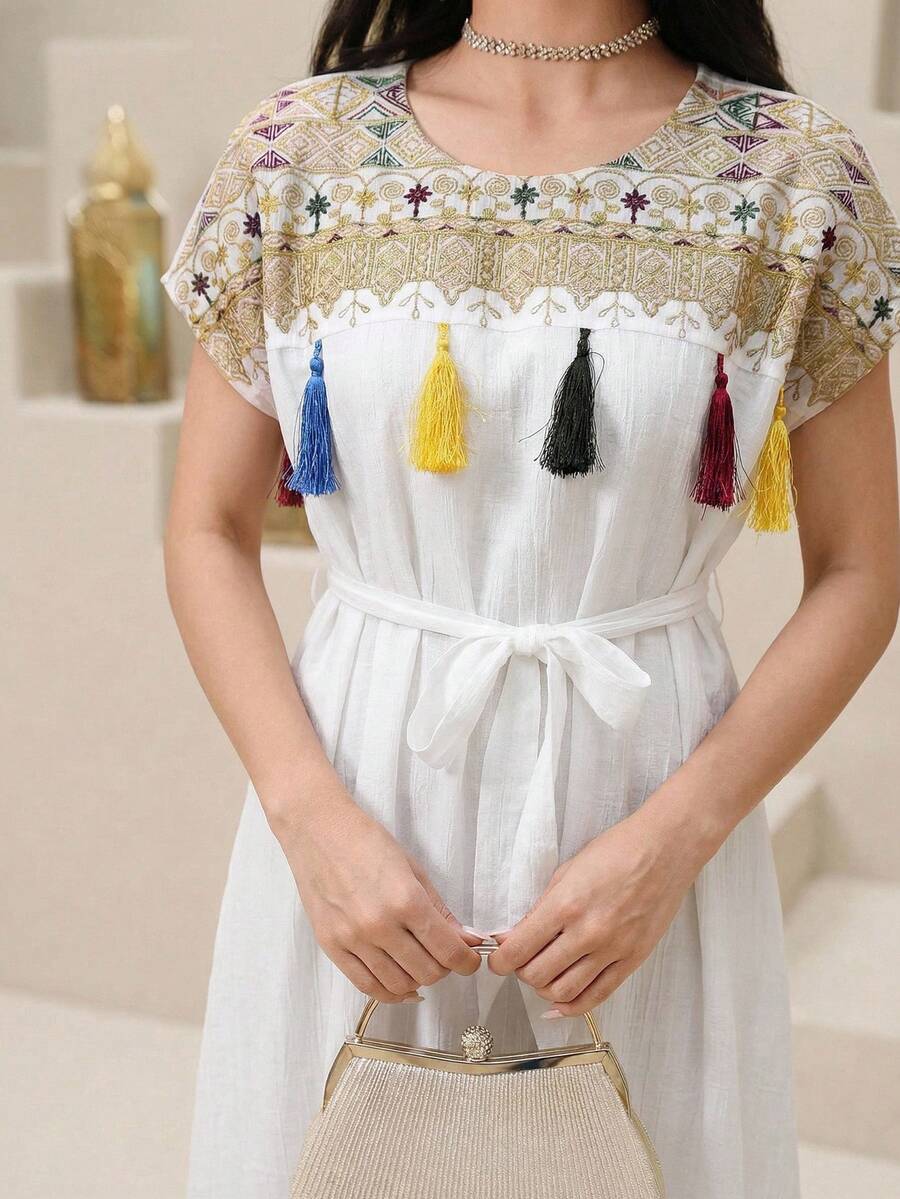 Al Najma Summer White Romantic Women's Round Neck Floral Embroidery Pattern Tassel Waist Tie Design Casual Party Arabic Style Dress Abaya Arabic-Style Long Kaftan Robe, Arabic Women's Dress, Turkish Dress, Abaya Robe, Traditional Women's Dress Arabic Style Long Dress Kaftan Jalabiya Dress Arabic Dress For Women Turkish Dress Abaya Dress Abaya For Women - Multicolor - View 1