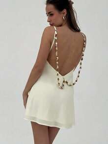 Aloruh Women's Backless Beaded Decor Mini Dress, Vacation - Apricot - View 6