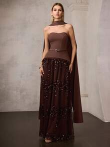 MOTF Soiréza Đầm dạ hội màu nâu thanh lịch dành cho nữ, kiểu dáng cúp ngực mảnh, thắt lưng ôm eo, chân váy voan thêu đính sequin lấp lánh, dây buộc rời có thể tháo rời, kiểu dáng ôm sát cơ thể, thích hợp cho các sự kiện buổi tối và tiệc trang trọng. - màu nâu - Xem 5