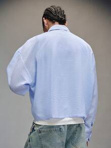 PAVTROS Men's Casual Long Sleeve Striped Print Shirt With Tie - Blue and White - View 3