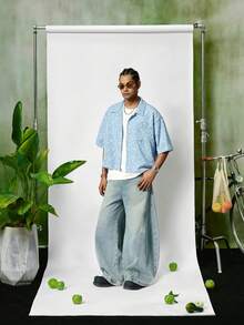 PAVTROS 男士牛仔效果镂空宽松短袖衬衫，粉蓝色，适合男士度假穿着，男士衬衫，男士度假服，浅蓝色纽扣衬衫 - 藍色 - 查看 3