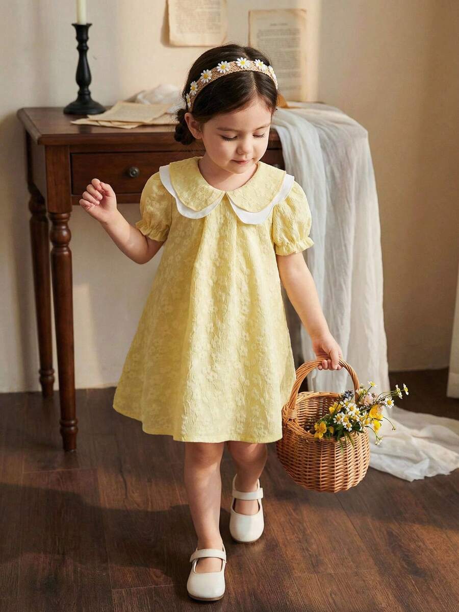 SHEIN Vintaside Kids 1pc Baby Girls Yellow Summer Elegant Fiesta Noche Dress,Jacquard Textured Reversible Collar A-Line Short Sleeve Casual Versatile Dress For Outings - Multicolor - View 1