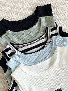 SHEIN Playful Pals 買1送5 5件組中性嬰兒男孩女孩羅紋連身衣 全白夏季休閒家庭款字母貼布無袖背心連身衣 - 彩色 - 查看 3
