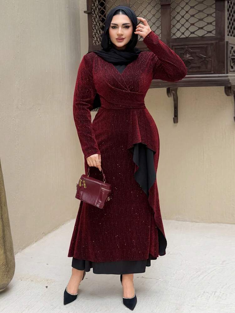 Dazy Plus Shiny V-Neck Wrap Waist Elegant Party Dress, Asymmetric Design Mermaid Hem Plus Size Maxi Dress Sundress