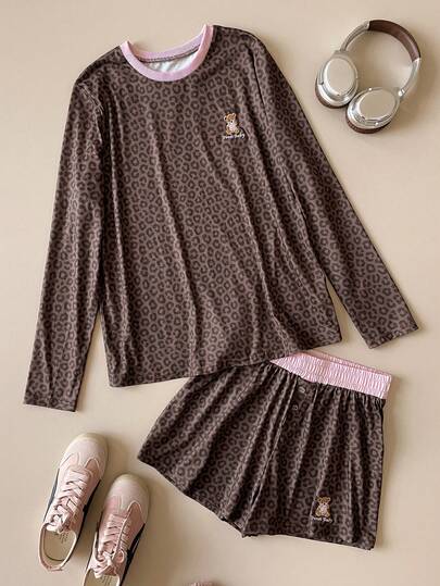 Muvela 两件套女士撞色动物印花小熊图案T恤配抽绳腰短裤，Y2K复古学院风套装，适合休闲、办公、度假、海滩、派对、浪漫场合，百搭实用