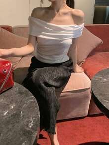 DAZY 女士露肩短袖T恤，翻领修身短款优雅夏季款 - 白色 - 查看 5