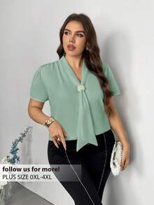 Firerie Plus Size Solid Color Ribbon Collar Short Sleeve Casual Minimalist Shirt - Mint Green - View 1