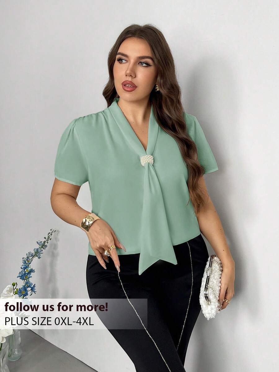 Firerie Plus Size Solid Color Ribbon Collar Short Sleeve Casual Minimalist Shirt - Mint Green - View 1