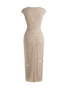 Ellevyn 夏季杏色亮面雪纺圆领短袖时尚金属装饰修身连衣裙（女款） - 杏色 - 查看 3