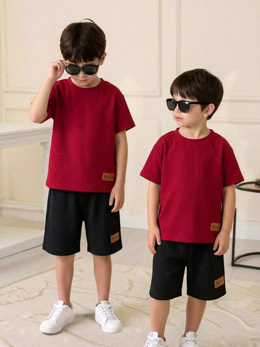 Young Boy Sports Casual Short Sleeve T-Shirt And Shorts Set,Summer Burgundy Y2k Streetwear,Goth Gothic Vintage Boho Festival Party Birthday Outfits - Multicolor - View 1