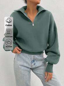SHEIN Cottnline 100% Cotton Collar With Zipper Pattern Oversize Sweatshirt - Mint Green - View 1