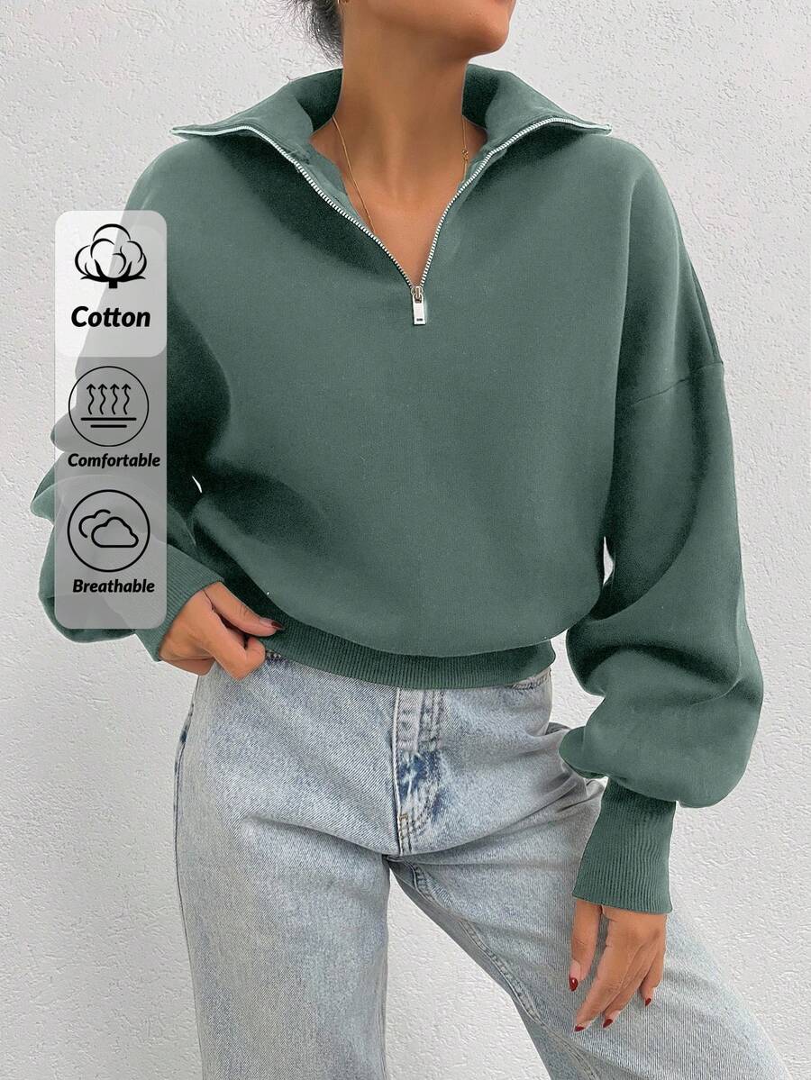 SHEIN Cottnline 100% Cotton Collar With Zipper Pattern Oversize Sweatshirt - Mint Green - View 1