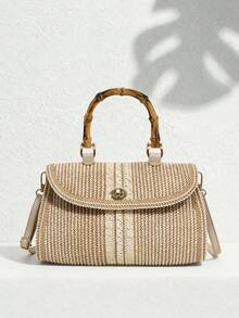 SHECARRY Ladies, Women Top Handle Bags, Straw Bag, Crossbody Bags, Bamboo Handle, Fashionable, Elegant, Simple, Personalized, Versatile, For Beach, Vacation, Holiday, Summer, Seaside - Khaki - View 1