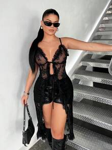 SHEIN SXY Women's Sexy Lace Ruffle Trim Long Camisole Top,Carnival,Party,Rave Outfit ,Summer, Spring,Beach,Going Out,Vacation,Y2K,Mesh ,Sheer,Black,Ruffles - Black - View 4