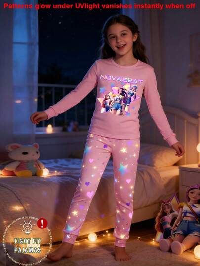 Tween Girls Glow-In-The-Dark Pajama Set, Featuring Girl Group Print Top And Star & Heart Print Leggings, Tight Fit Style Runs Small, Recommend Sizing Up