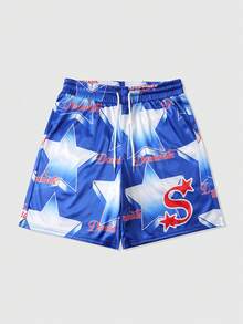 ROMWE MEN Street Life Men's Casual Printed Drawstring Shorts - Blue - View 1