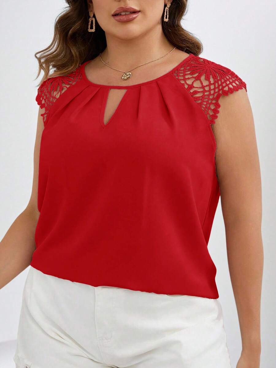SHEIN Clasi Plus Size Women's Elegant Solid Color Notched Neck Blouse, Summer - Red - View 1