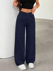 EURMUSE Jeans casual e versatili a vita alta e gamba dritta di colore unito - Blu Navy - Visualizzare 3