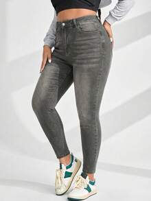 EURMUSE Jeans casual versatili a vita alta con tasche, taglie comode per donne in sovrappeso - Grigio Chiaro - Visualizzare 4