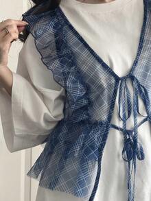 FRIFUL Women's Plaid Blue Sheer Mesh Fabric Layered Tie-Up Bow Loose Casual Versatile Blouse - Blue - View 4