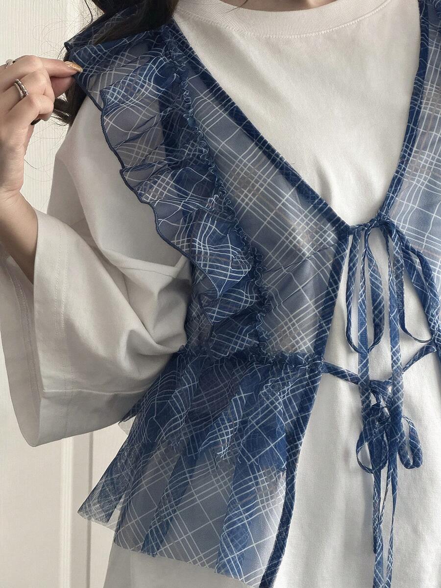 FRIFUL 女士格子蓝色薄纱网眼叠层系带蝴蝶结宽松休闲百搭衬衫 - 藍色 - 查看 1