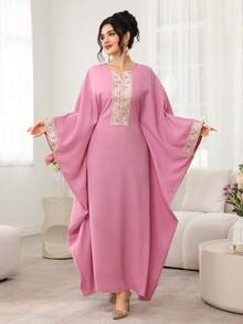 Al Najma 撞色花边蝙蝠袖长袍 - 粉色 - 查看 4