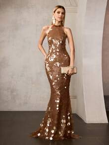 MOTF Soiréza WOMEN'S SEQUIN HALTER NECK SLEEVELESS MERMAID GOWN , IDEAL FOR WEDDINGS, GALA DINNERS, AWARD CEREMONIES AND RED-CARPET EVENTS - Coffee Brown - View 4