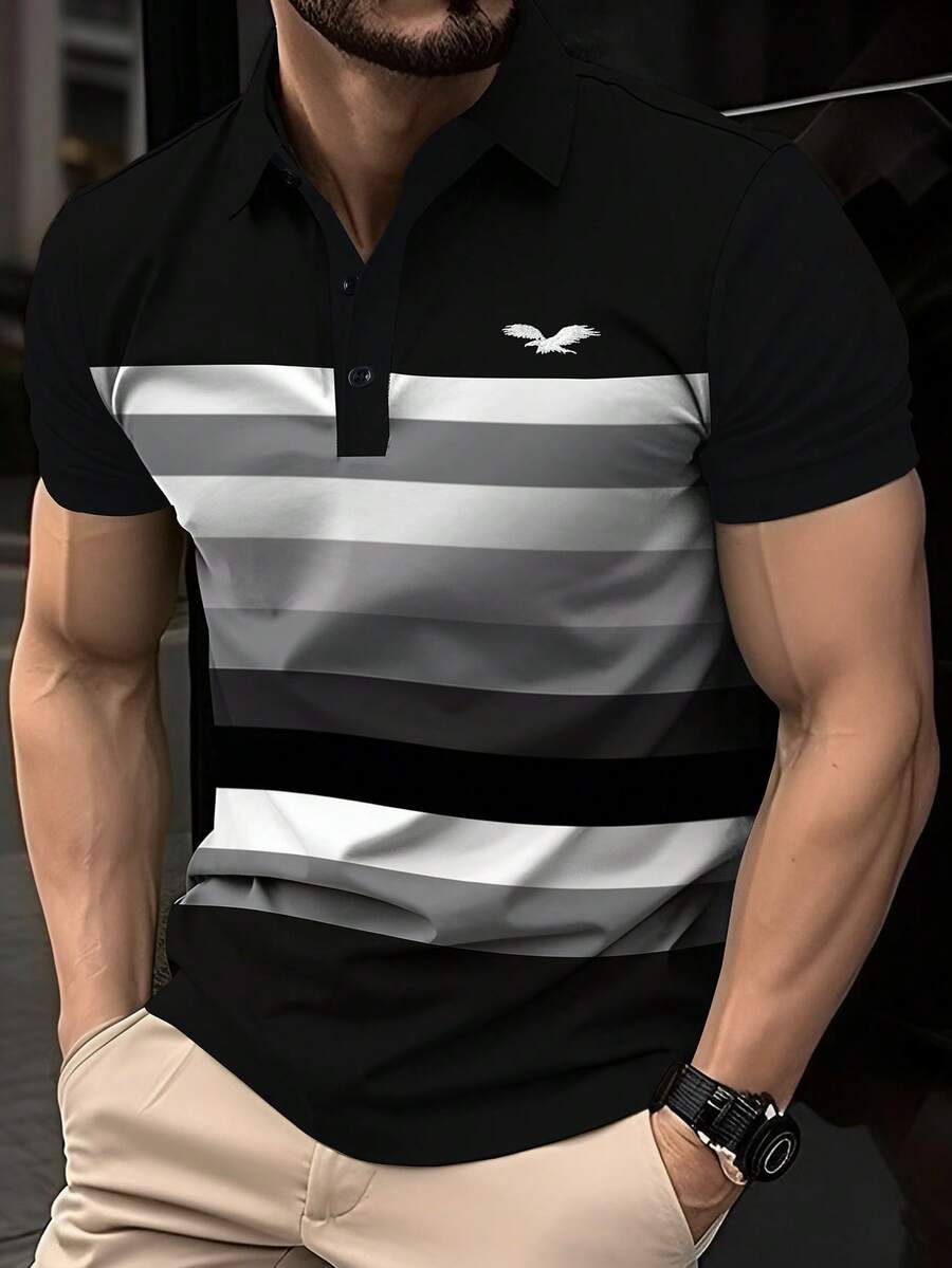 Calvornis 男士半开襟插肩短袖条纹休闲夏季百搭Polo衫 - 黑色 - 查看 1