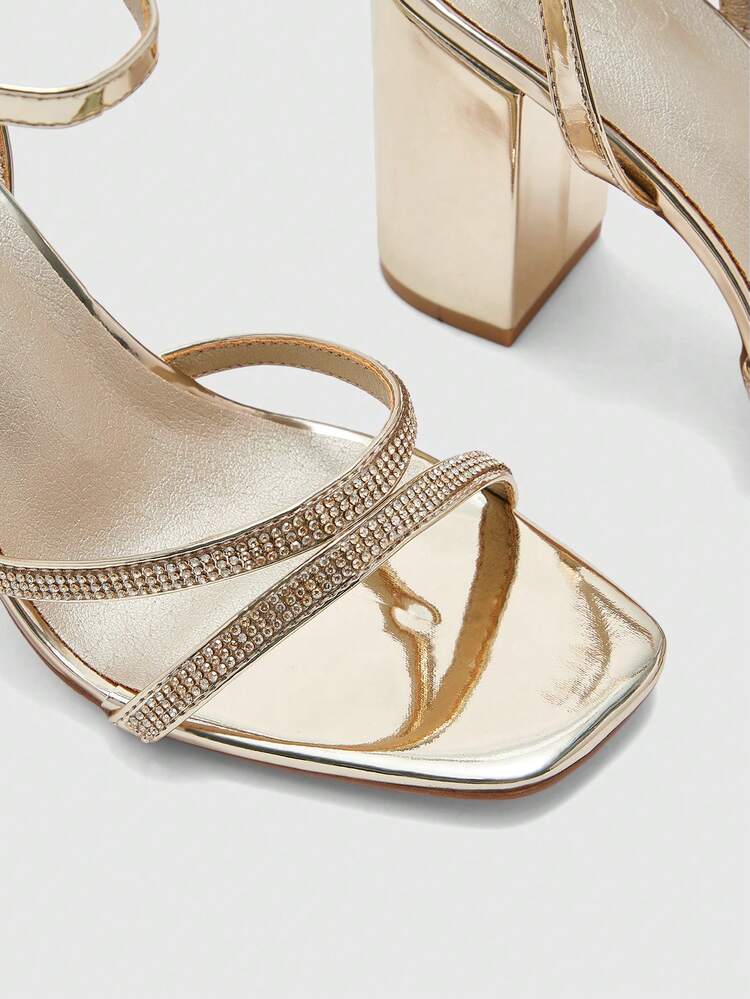 CUCCOO SZL Women's Square Toe Rhinestone Ankle Strap Sandals For Christmas Spring Shoes Prom Heels