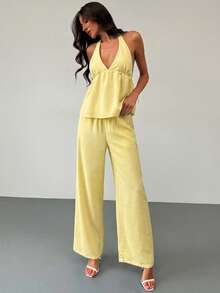 Aloruh 女士夏季休闲度假纯色露背吊带上衣和阔腿裤两件套 - 黃色 - 查看 4
