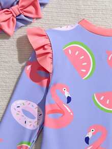 Toddler Girl High Neck Long Sleeve One Piece Swimsuit With Ruffles And Cartoon Print Tropical Baby Girl Bathing Suit Toddler Girl Flamingo Watermelon Swimsuit Watermelon Baby Swimsuit Baby Girl Long Sleeve Swimsuit - Multicolor - View 5