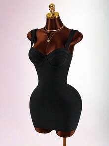 Amplova Đầm hai dây ngắn kiểu corset tối giản gợi cảm màu trơn dành cho nữ - màu đen - Xem 8