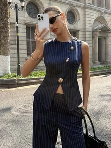 Siren Gaze 春夏新款条纹金属扣通勤套装（女款） - 藏蓝色 - 查看 7