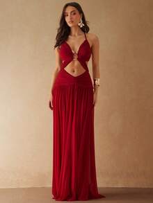 Silquee 女士性感纯色褶皱露背吊带连衣裙 - 紅色 - 查看 4