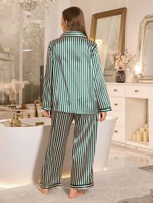 MuseNap CURVE 大码女式条纹单排扣长袖上衣和阔腿裤休闲家居服睡衣套装 - 彩色 - 查看 3