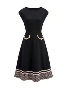 Ellevyn Women's Elegant Geometric Print Round Neck Dolman Sleeve Dress - Black and Gold - View 6