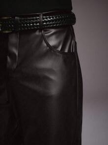 STYNVO Men's Fashion Party & Banquet Minimalist PU Leather Straight Leg Pants, Without Belt - Coffee Brown - View 3