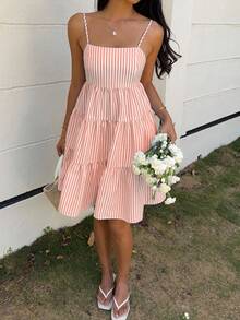 MainGRL Đầm hai dây dệt kim kẻ sọc màu cam, đầm mùa hè dành cho nữ. - trái cam - Xem 5