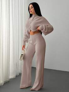 EURMUSE 2 Pieces Ribbed Knit Lounge Set Featuring Asymmetrical Sweater With Decorative Bow Accents And Matching High-Waisted Pants - Baby Pink - View 6