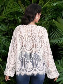 Modelyn 优雅法式蕾丝边饰V领镂空宽松长袖女式衬衫 - 白色 - 查看 5