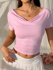 SHEIN EZwear Áo thun tay ngắn cổ tròn ôm sát, màu hồng, kiểu dáng thường ngày, thích hợp cho mùa hè. - Hồng - Xem 5