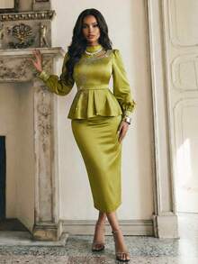 Anewsta 女士优雅简约水钻装饰长袖高领收腰镂空上衣+长裙两件套 - 綠色 - 查看 5