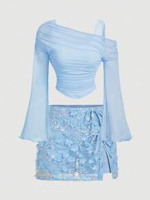 SHEIN MOD 黑色复古提花系带蝴蝶结低腰开衩半身裙——复古宫廷风格，完美适用于浪漫场合、度假、海滩、约会、野餐、派对、舞会、节日和生日等各种场合。 - 藍色 - 查看 7