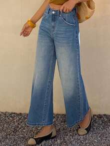 DAZY 女士常规款中腰宽松直筒休闲牛仔裤 - 中等水洗藍 - 查看 6