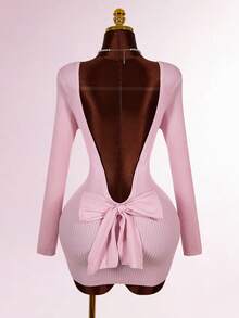 Amplova Women's Backless Bow Tie Mini Long Sleeve Dress, Red Sexy Sweater Suitable For Dates, Valentine's Day Parties, Casual And Sexy Daily Wear - Pink - View 3