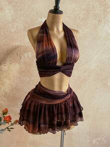 Soleia 女士性感扎染印花露背吊带上衣和迷你裙两件套，夏季 - 彩色 - 查看 6