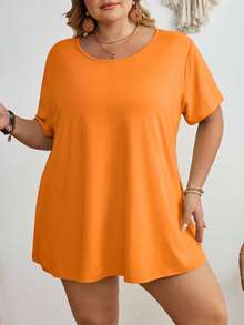 SHEIN CURVE+ Áo thun tay ngắn cổ tròn màu trơn cỡ lớn kiểu dáng thường ngày - trái cam - Xem 6