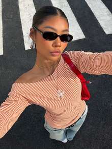 Muchica Women's Striped Asymmetrical Shoulder Slim Fit T-Shirt - Red - View 6